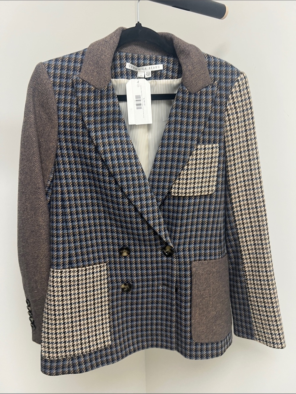 Veronica Beard Mixed Houndstooth and Herringbone Double-Breasted Blazer